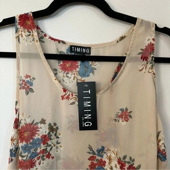 Timing Women's Sheer Sleeveless Racerback Cream Floral Tank Top Size L NWT - Picture 3 of 8